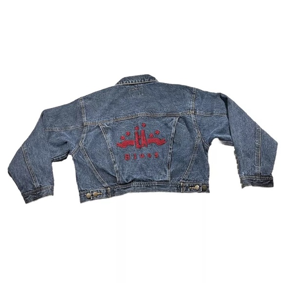 LA Blues Blue Denim Jacket Womens Sz Medium M Cropped Short - Spell Out On Back - Picture 2 of 15